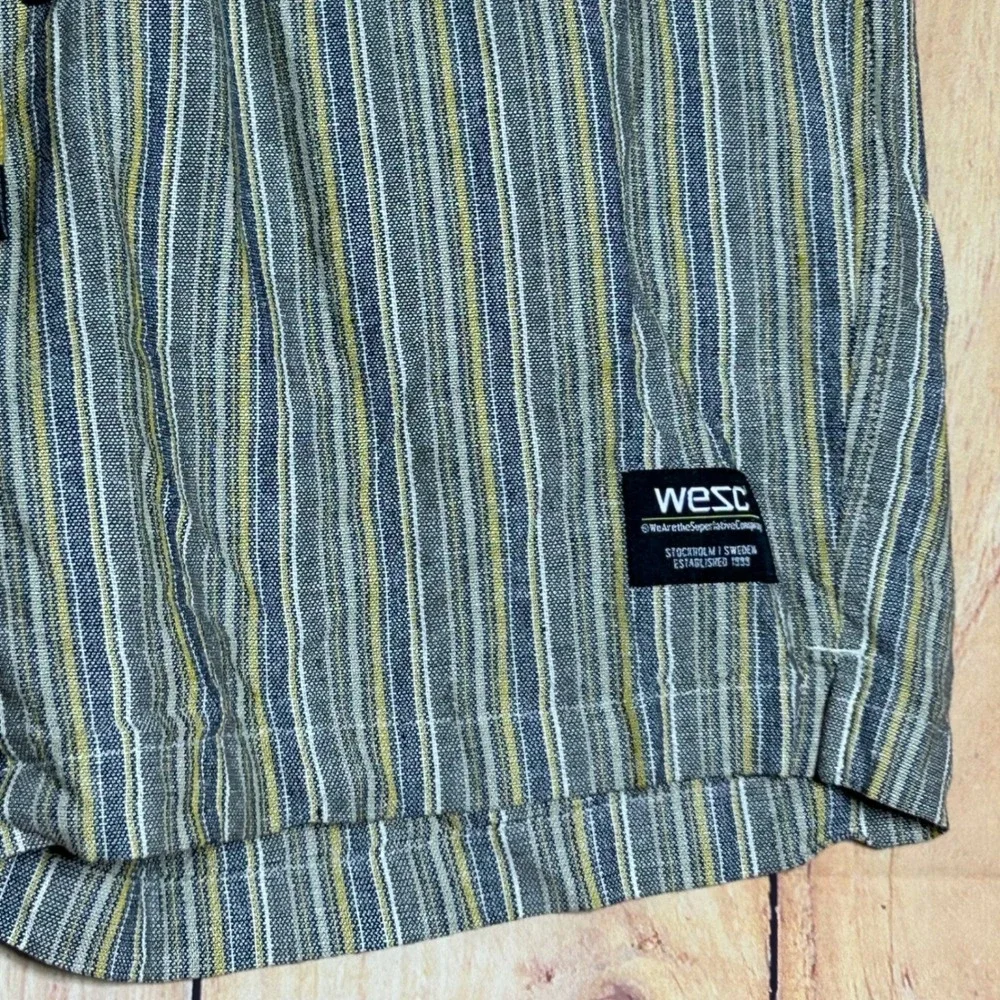WESC Striped Linen Blend Shorts Trunk Men L Blue Grey Elastic Waist Coastal Gorp